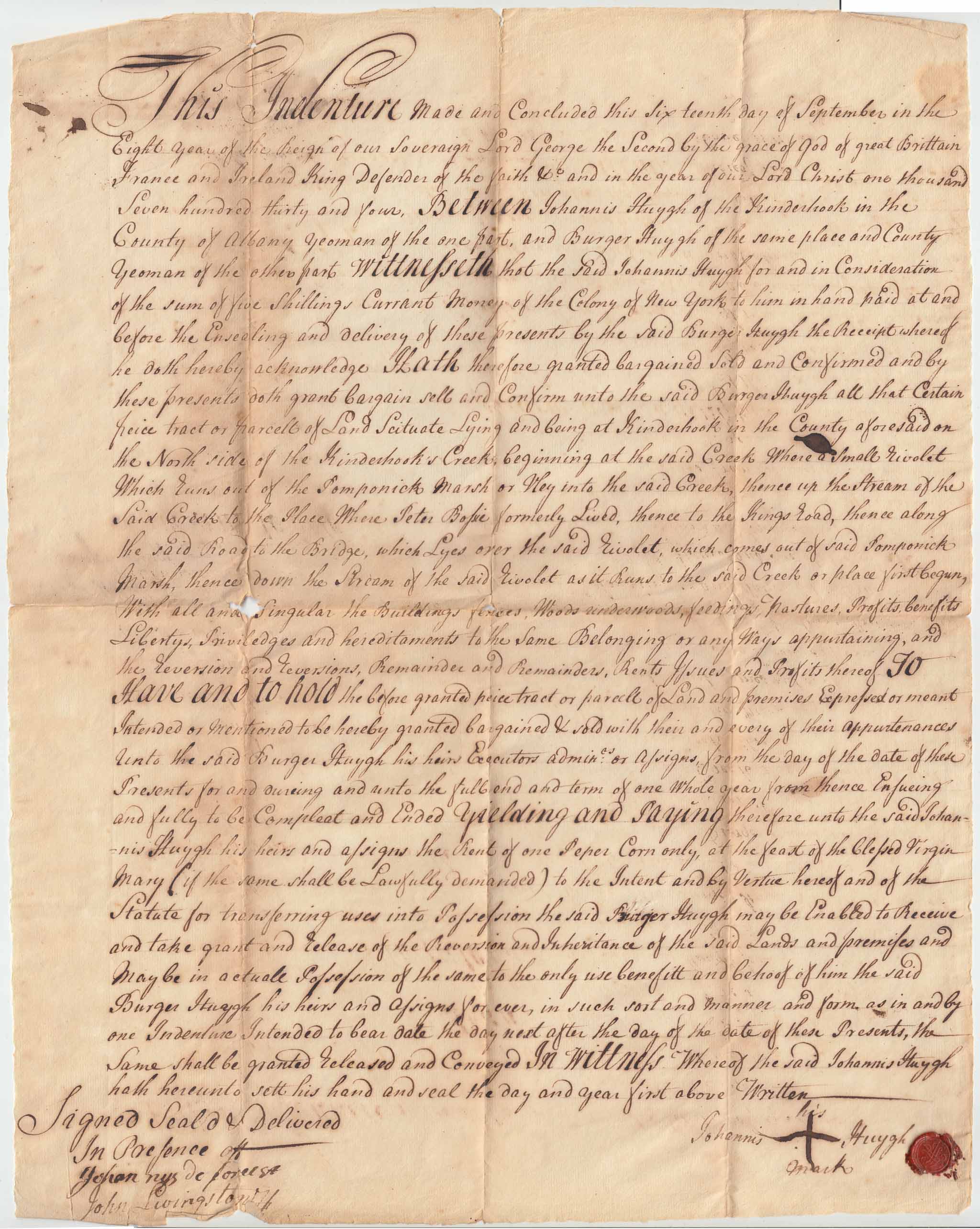 BH013 1734-09-16 First Half of a Two-Document Lease and Release Conveyance Between Johannis Huygh and Burger Huygh, obverse